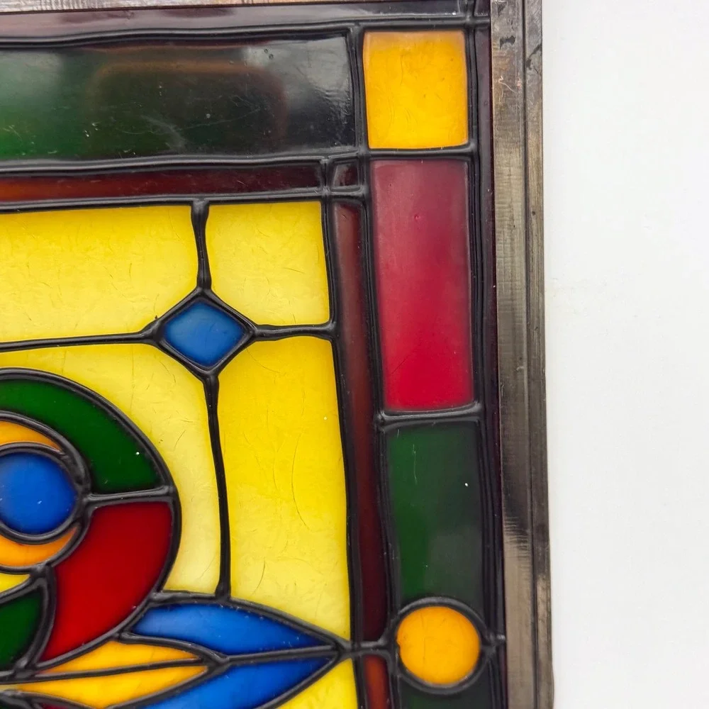 Vintage Stained Glass Window Panel Suncatcher Floral Leaded Metal Frame 18x12
